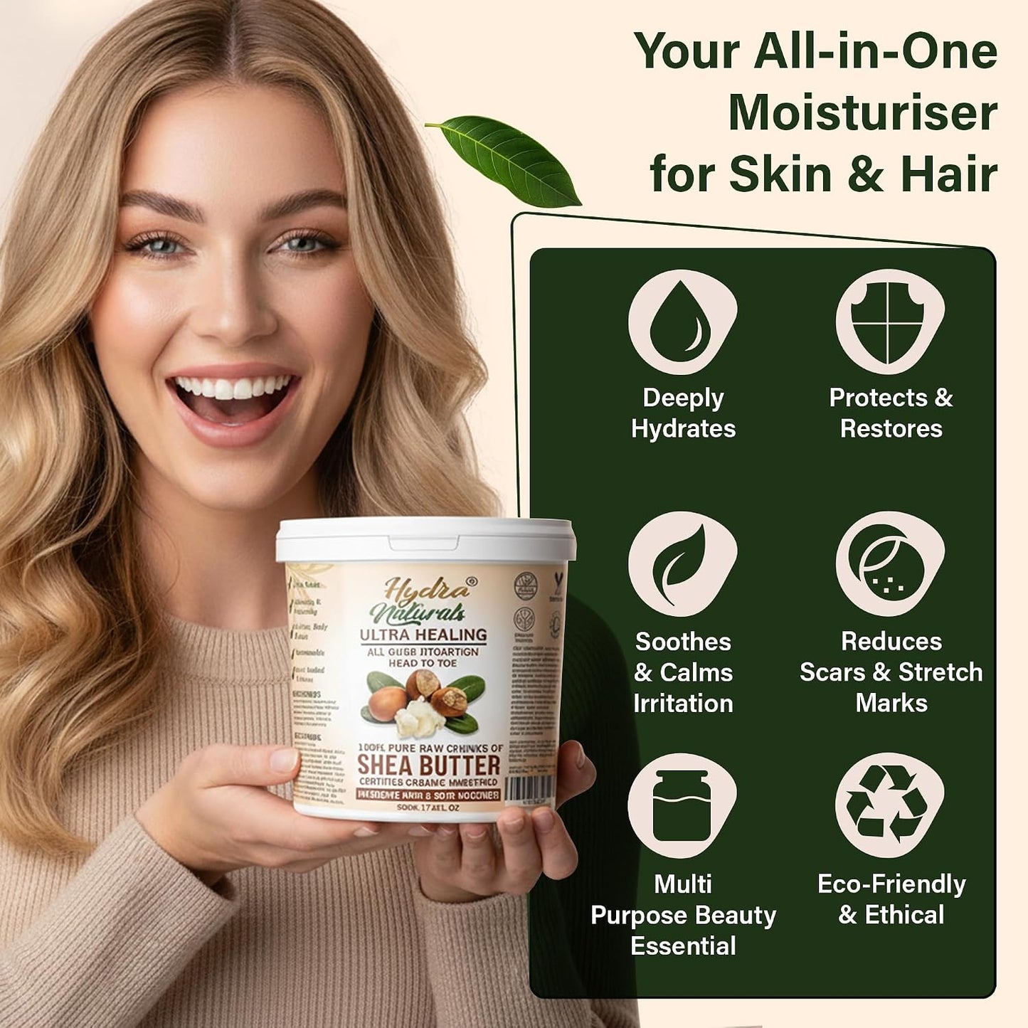 Hydra Naturals Unrefined Shea Butter 500g – 100% Pure, Raw, Organic, Cold Pressed – Natural Moisturiser for Hair, Smooth Skin, Face &amp; Body – DIY Beauty, Dry Scalp, Anti-Aging Care