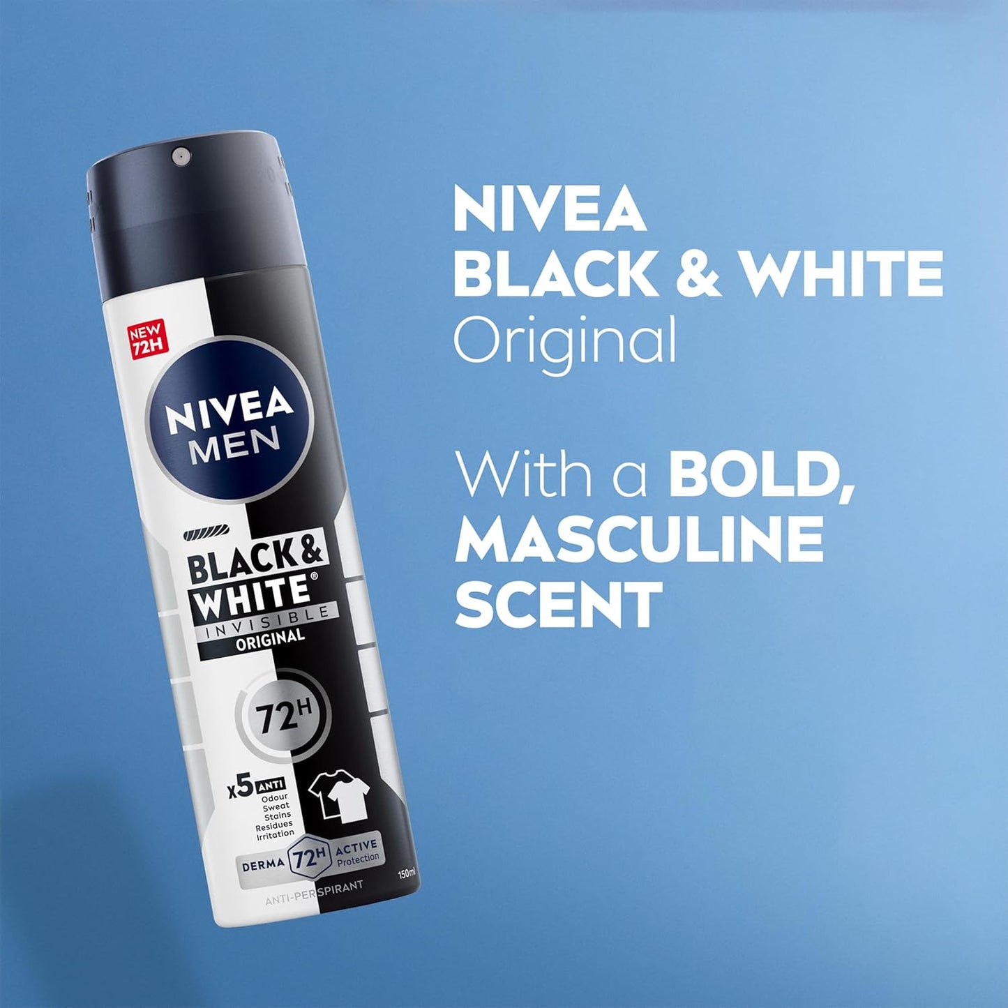 NIVEA MEN Black &amp; White Original Anti-Perspirant (150 ml), 72hr Anti-Sweat Deodorant for Men, No Stains on Black and White Clothes