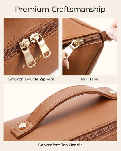 BAGSMART Travel Makeup Bag, Flat Lay Make Up Case, PU Leather Waterpoof Cosmetic Organiser with Clear Pocket for Brushes, Small Toiletry Bag with Handle, Essential for Women, Camel