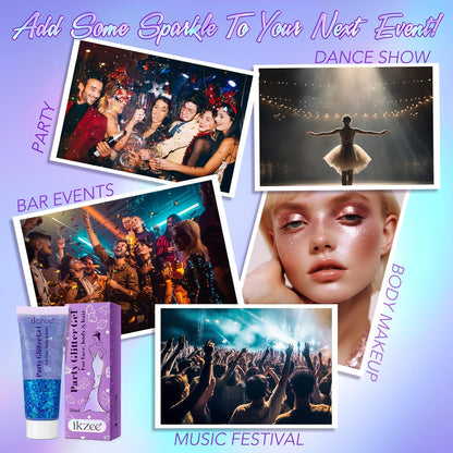 Body Glitter Gel 3PCS, 50ml Blue Gold Red Face Hair Glitter Gel Sequins Shimmer Liquid Eyeshadow, Liquid Holographic Glitter Gel, Chunky Glitter for Music Festival, Parties, Performances, Stages