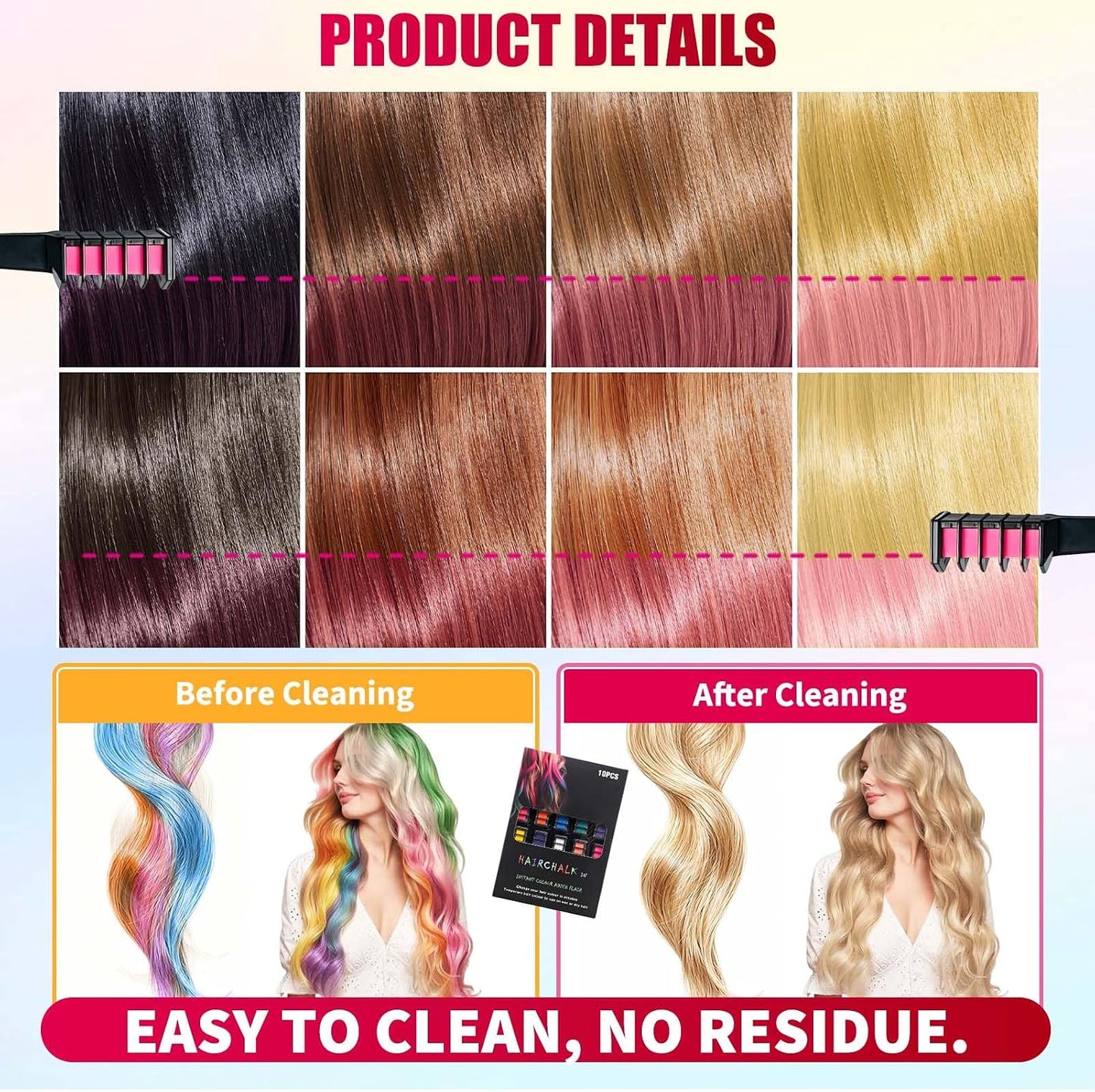 10 PCS Hair Colour Comb, Temporary Bright Hair Chalk Set, Washable Hair Dye Combs for Men &amp; Women, Vibrant Colouring for Halloween, Christmas, Birthday Party &amp; Cosplay Use