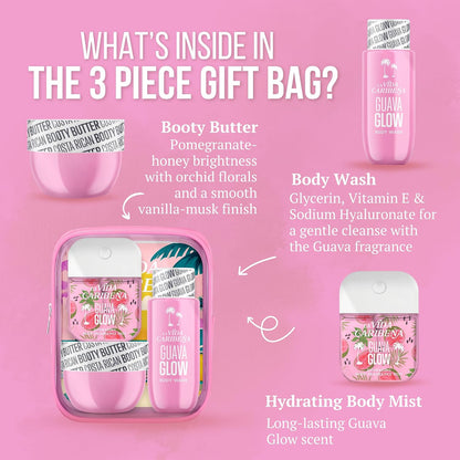 La Vida Caribeña 3-Piece Gift Pack – Hydrating Body Mist 35 ml, Body Wash 100 ml &amp; Booty Butter 50 ml | Gifts for women | Travel-ready | Cleanse • Moisturise • Spritz (Guava Glow)