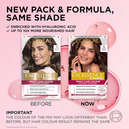 L'Oréal Paris Excellence Crème Permanent Hair Dye, Radiant At-Home Hair Colour with up to 100% Grey Coverage, Pro-Keratin, Up to 8 Weeks of Colour, Colour: 5 Natural Brown