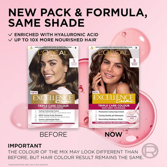 L'Oréal Paris Excellence Crème Permanent Hair Dye, Radiant At-Home Hair Colour with up to 100% Grey Coverage, Pro-Keratin, Up to 8 Weeks of Colour, Colour: 5 Natural Brown