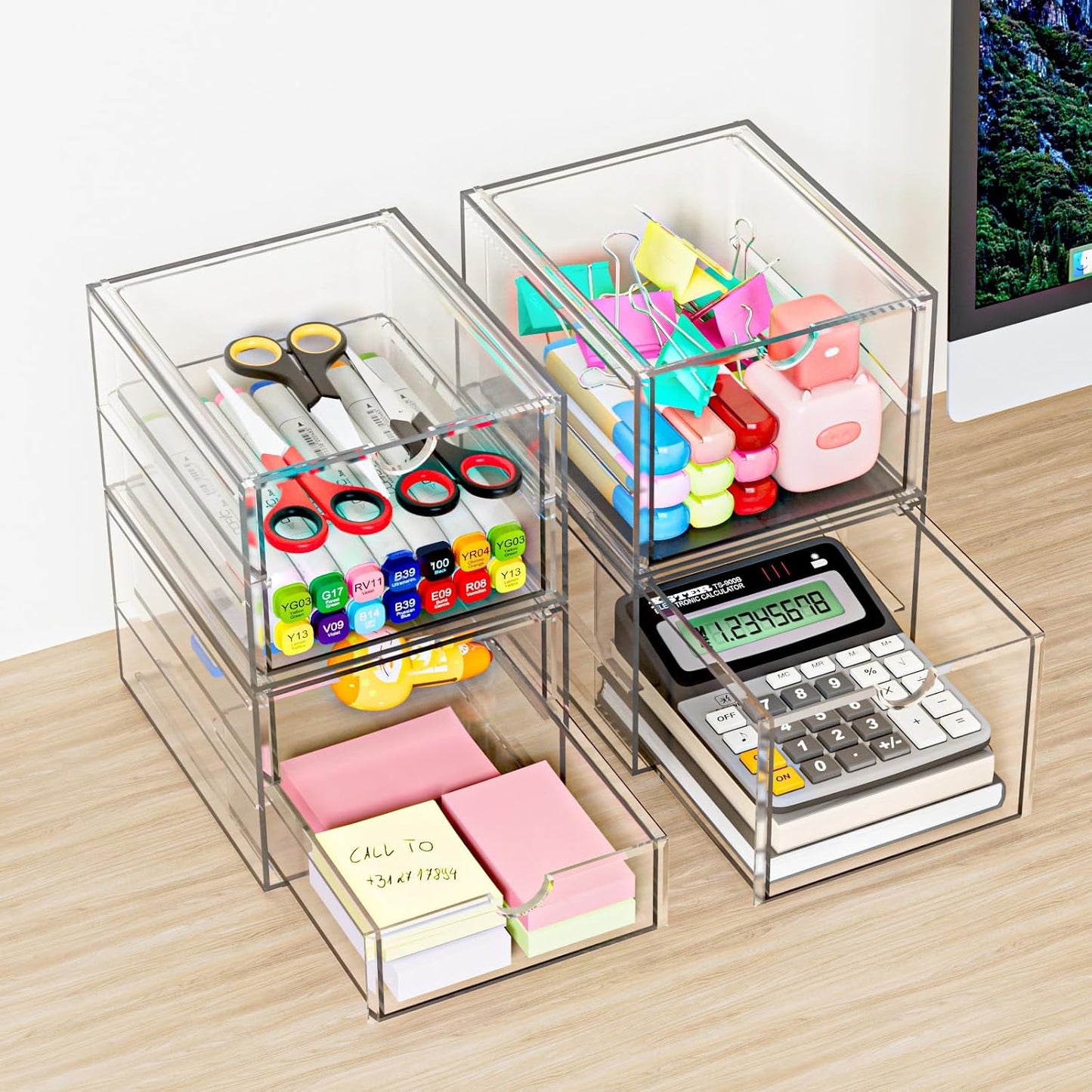 4 Pack Stackable Storage Drawers, Acrylic Cosmetic Drawer, Clear Desk Accessories, Latest Model Dustproof Drawer Storage for Dresser, Bathroom