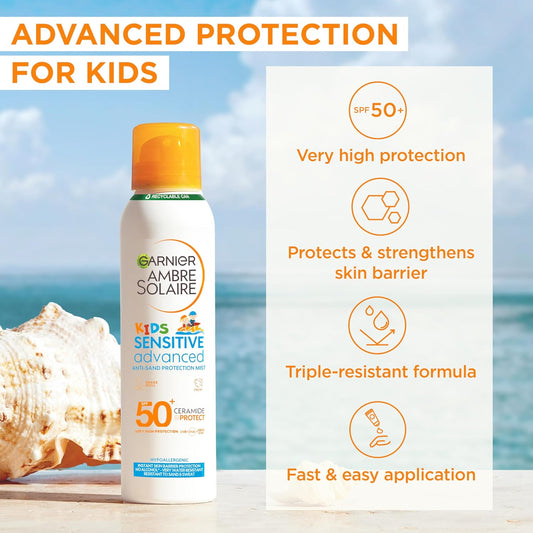 Garnier Ambre Solaire Sun Cream SPF 50+ Sensitive Advanced Kids Anti-Sand Sun Protection Mist Spray, Very High Protection UVA &amp; UVB, Water Resistant, For Face &amp; Body, Cruelty Free 150ml