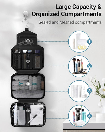 Maliton Hanging Toiletry Bag, Waterproof Large Mens Wash Bag, Foldable Travel Toiletry Bag with 4 Compartments, Travel Essentials for Business Trip, Vacation and for Overnight &amp; Shower（Black）