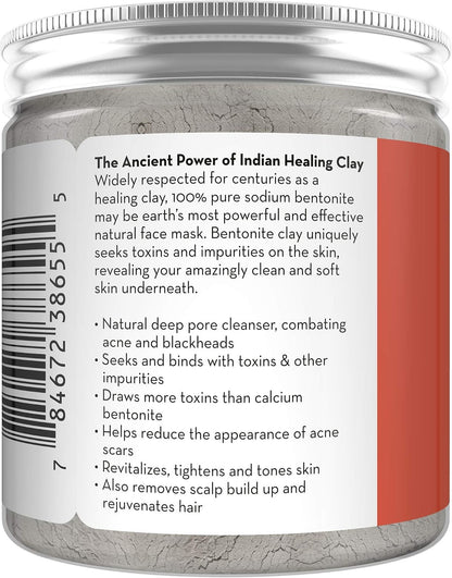 Pure Body Naturals Bentonite Indian Healing Clay - 16 Oz - 100% Pure Sodium Bentonite - Therapeutic Grade - Face Skin Care, Deep Skin Pore Cleansing, Detoxifying, Revitalization