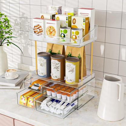 Makeup Organiser - Upgraded Transparent Perfume Organiser with 2 Shelves &amp; 4 Drawer, Make up Storage Non-Slip Design, Skincare Drawer Organisers for Bathroom/Bedroom/Kitchen/Vanity, Clear