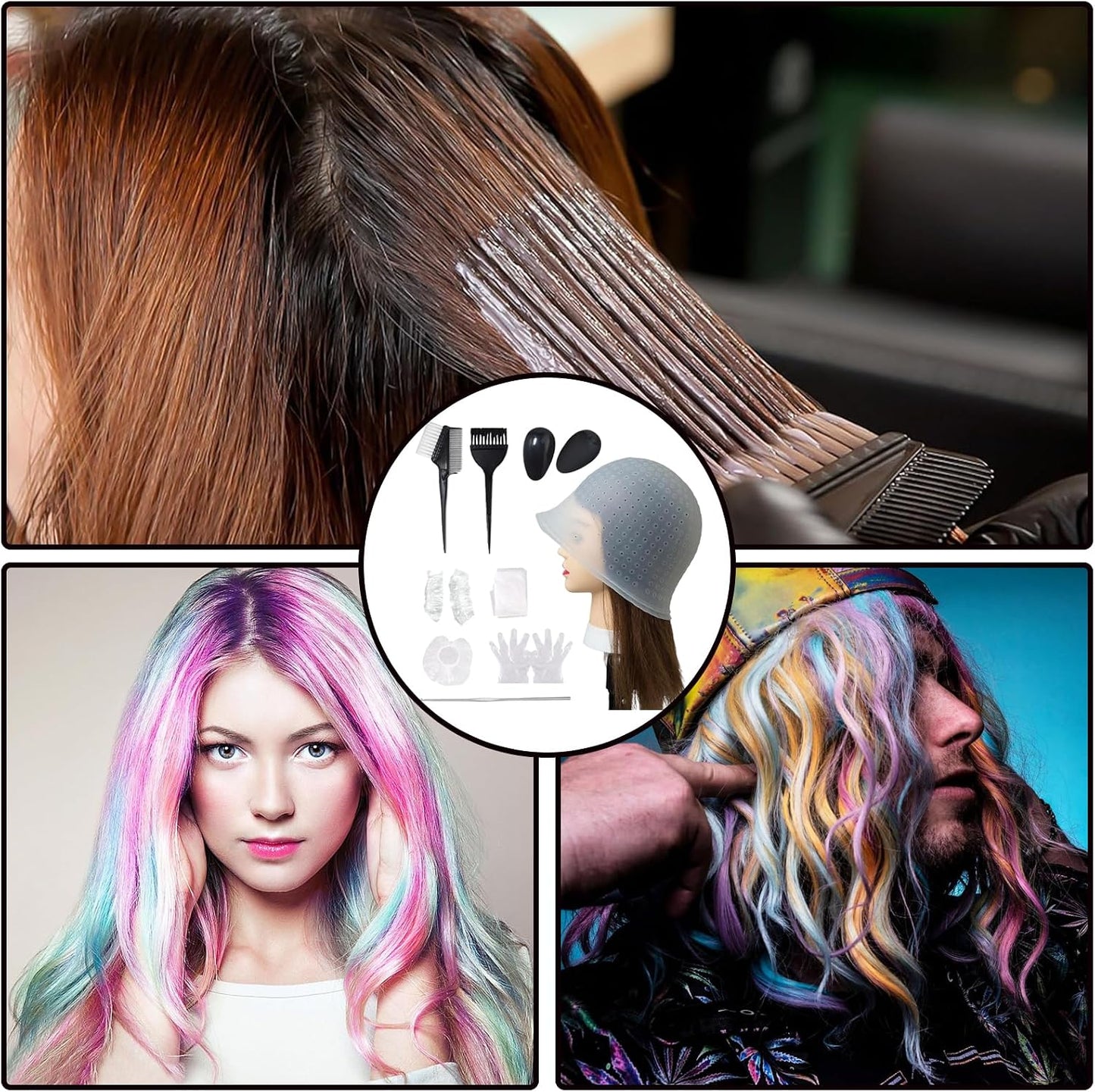 11Pcs Highlight Kit Silicone Highlight Cap Kit with Hair Coloring Brushes and Needle for Salon Silicone Hairdressing Tools for Women Men
