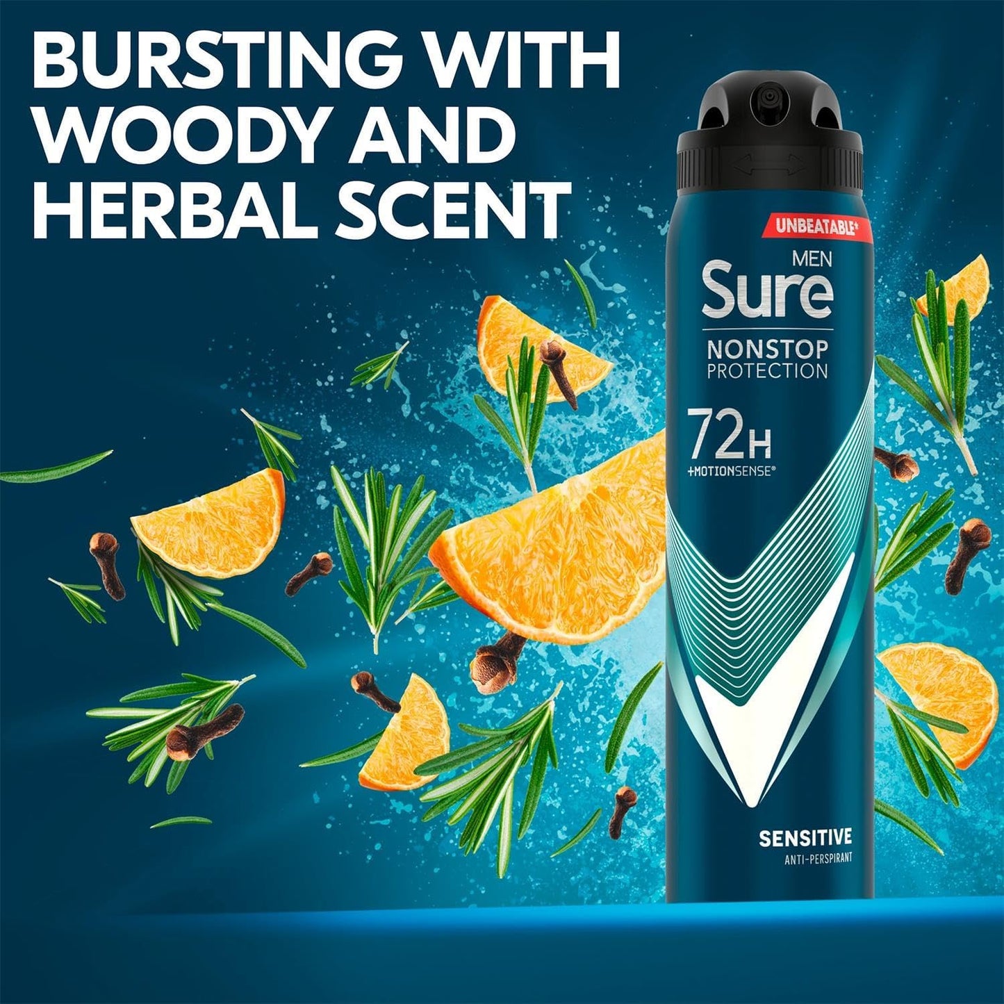 Sure Men Nonstop Protection Sensitive Deodorant Body Spray Antiperspirant with a clean fragrance &amp; body heat activated technology for 72 hour odour and sweat protection 250 ml, Pack of 6