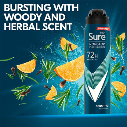 Sure Men Nonstop Protection Sensitive Deodorant Body Spray Antiperspirant with a clean fragrance &amp; body heat activated technology for 72 hour odour and sweat protection 250 ml, Pack of 6