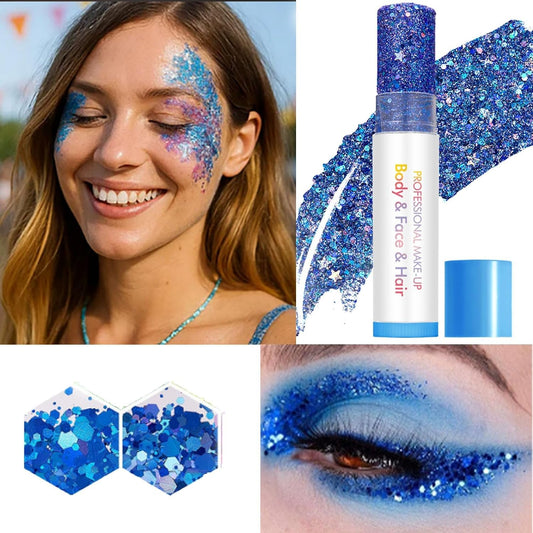 Sparkling Blue Holographic Glitter Gel for Faces, Bodies &amp; Hair - Chunky Star-Shaped Shimmer Professional Makeup for Long-Lasting Festival, Rave Stage Performance, Theatrical &amp; UV Glow