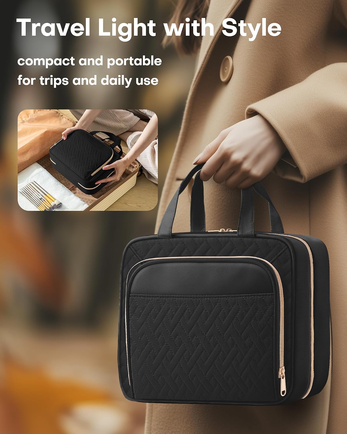 HOTOR Hanging Toiletry Bag for Women - Waterproof Travel Wash &amp; Makeup Bag with Hanging Hook, Multipurpose Travel &amp; Holiday Essentials for Business Trip, Gym, 28.5 x 8.1 x 22.6 cm, Black