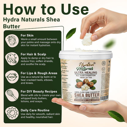 Hydra Naturals Unrefined Shea Butter 500g – 100% Pure, Raw, Organic, Cold Pressed – Natural Moisturiser for Hair, Smooth Skin, Face &amp; Body – DIY Beauty, Dry Scalp, Anti-Aging Care