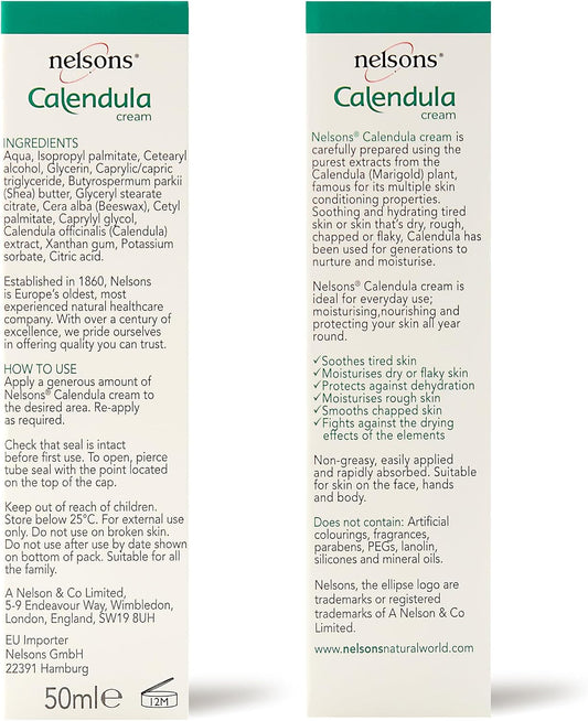 Nelsons Calendula Cream (50ml), Gentle Moisturiser For Face Hands Body, For Soothing and Hydrating Dry, Rough Skin, Non-Greasy, Paraben &amp; Fragrance Free, Uses Calendula (Marigold) Plant Extracts