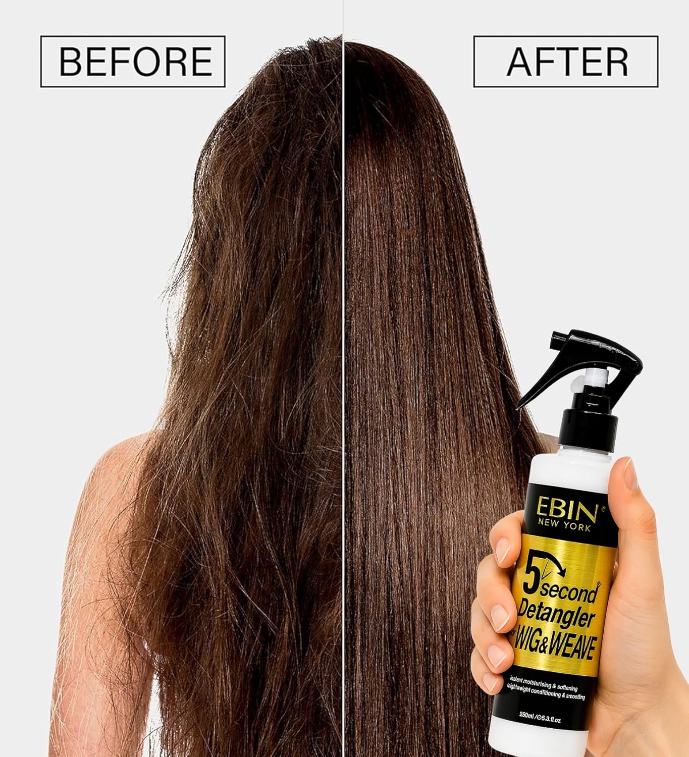 EBIN NEW YORK 5 Second Detangler Wig and Weave | Conditioning Detangling Spray for Human and Synthetic Hair | Tangle-Free Lightweight Shine and Moisture | Vegan and Cruelty-Free | 250 ml