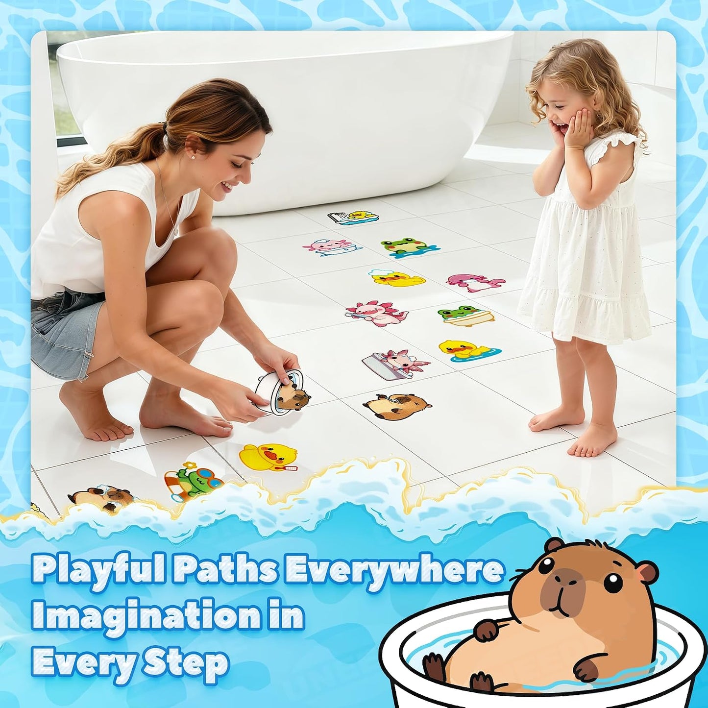 UNEEDE Bathtub Non Slip Stickers, 17-Pack Cute Axolotl, Duck, Capybara, Frog Decals, Shower Floor Non Slip Stickers, Textured Surface Anti Slip Shower Stickers, Safety Grip with Premium Scraper