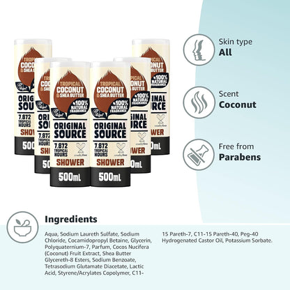 Original Source Coconut and Shea Butter Shower Gel, 100 Percent Natural Fragrance, Vegan, Cruelty Free, Paraben Free, Bulk Buy, Pack of 6 x 500 ml