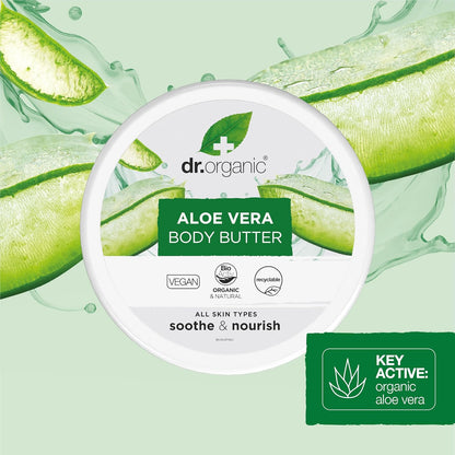 Dr Organic Aloe Vera Body Butter, Soothing, Moisturising, All Skin Types, Natural, Vegan, Cruelty-Free, Paraben &amp; SLS-Free, Organic, 200ml, Packaging may vary