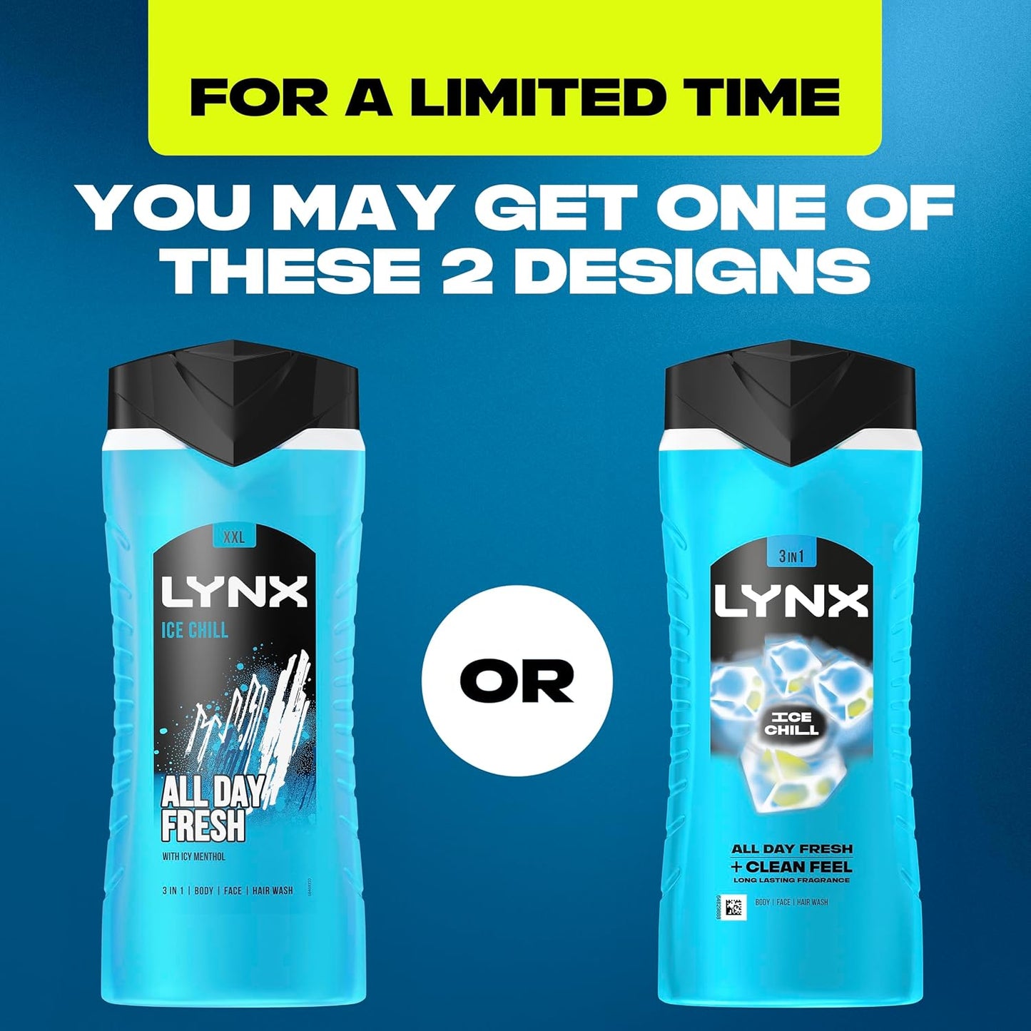 Lynx Ice Chill 3-in-1 Body Wash Hair, Face and Body Cleanser shower gel with plant-based prebiotics and 5x more moisturisers** for an all day fresh &amp; clean feel 500 ml