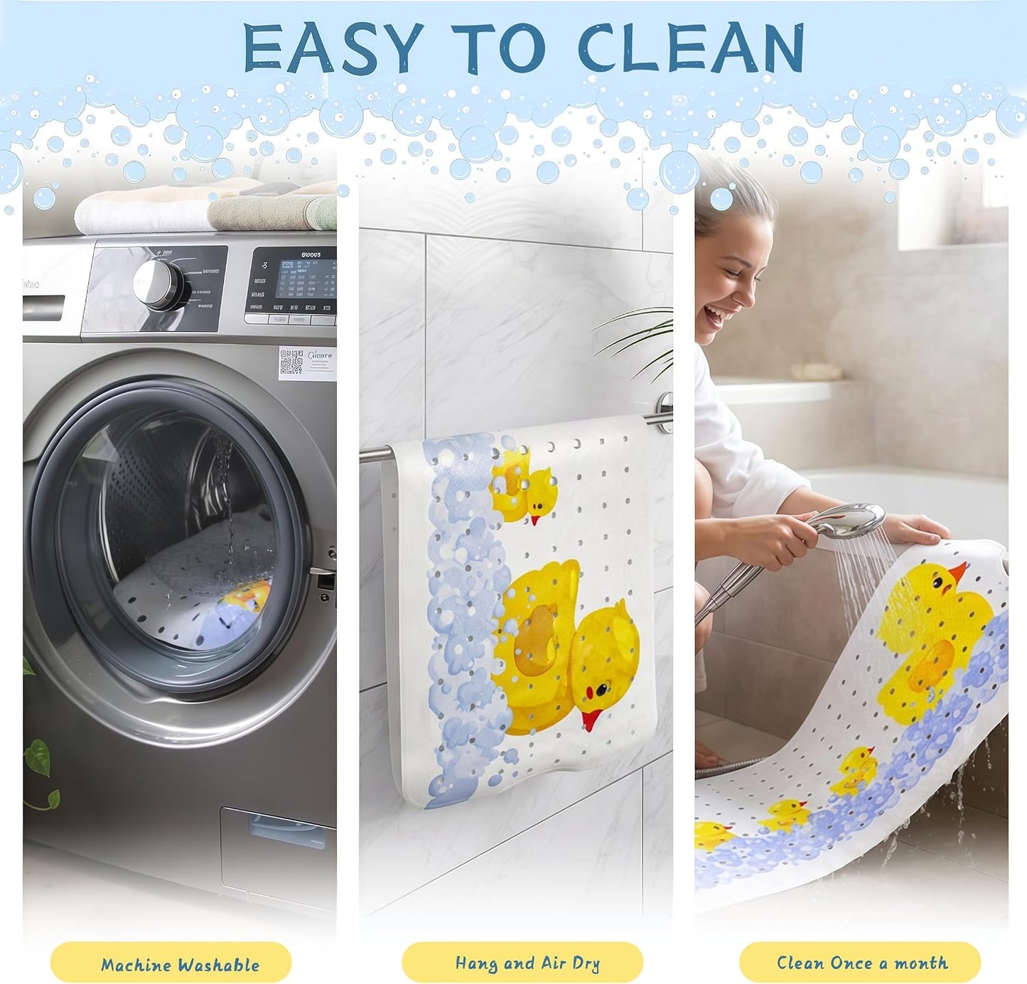 Bath Mat Non Slip Cute Yellow Duck - 100x40cm Extra Long Kids Bath Mat Anti Mould, Machine Washable Toddler Shower Mat with Suction Cups for Secure Grip, Easy Clean &amp; Fast Drying