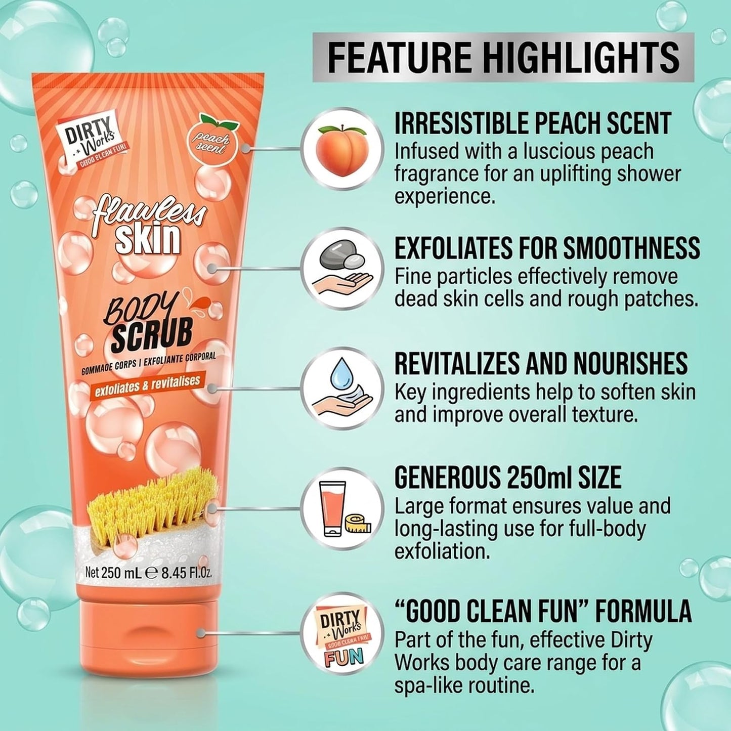 Dirty Works Flawless Skin Body Scrub - Exfoliating Body Polish for Smooth, Radiant Skin | Gentle Deep Cleansing with Natural Ingredients | 250ml