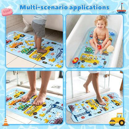 UNEEDE Baby Bath Mat Non Slip - 100x40cm Extra Long Kids Bathtub Mat with 200+ Suction Cups, Construction Vehicles Excavator Pattern, Soft Shower Mat for Toddlers &amp; Boys, Blue