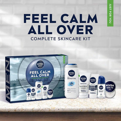 NIVEA MEN Feel Calm All Over Skincare Gift Set (5 Products) - Men Gift Set for Sensitive Skin - Includes Shower Gel, Face Wash, Face Moisturiser, Creme, and Anti-Perspirant