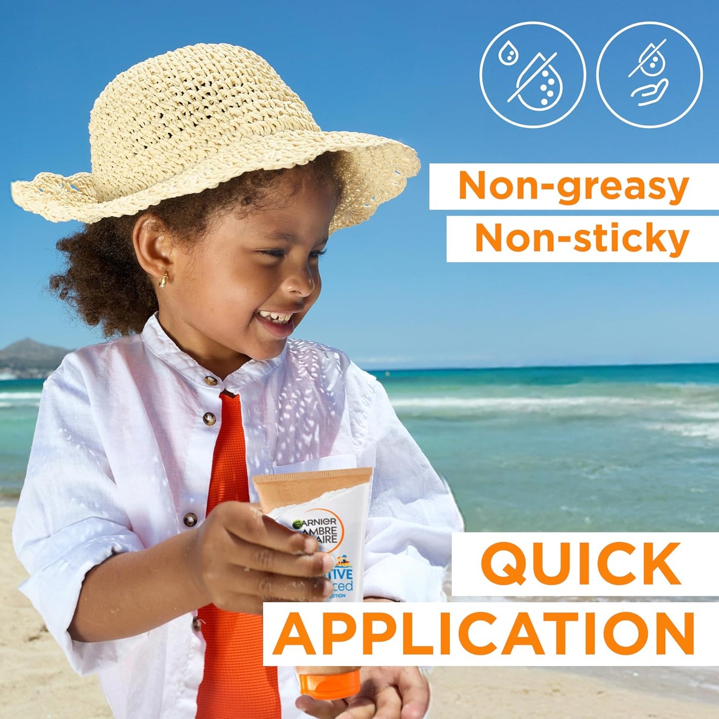 Garnier Ambre Solaire Sun Cream SPF 50+ Sensitive Advanced Kids Anti-Sand Sun Protection Mist Spray, Very High Protection UVA &amp; UVB, Water Resistant, For Face &amp; Body, Cruelty Free 150ml
