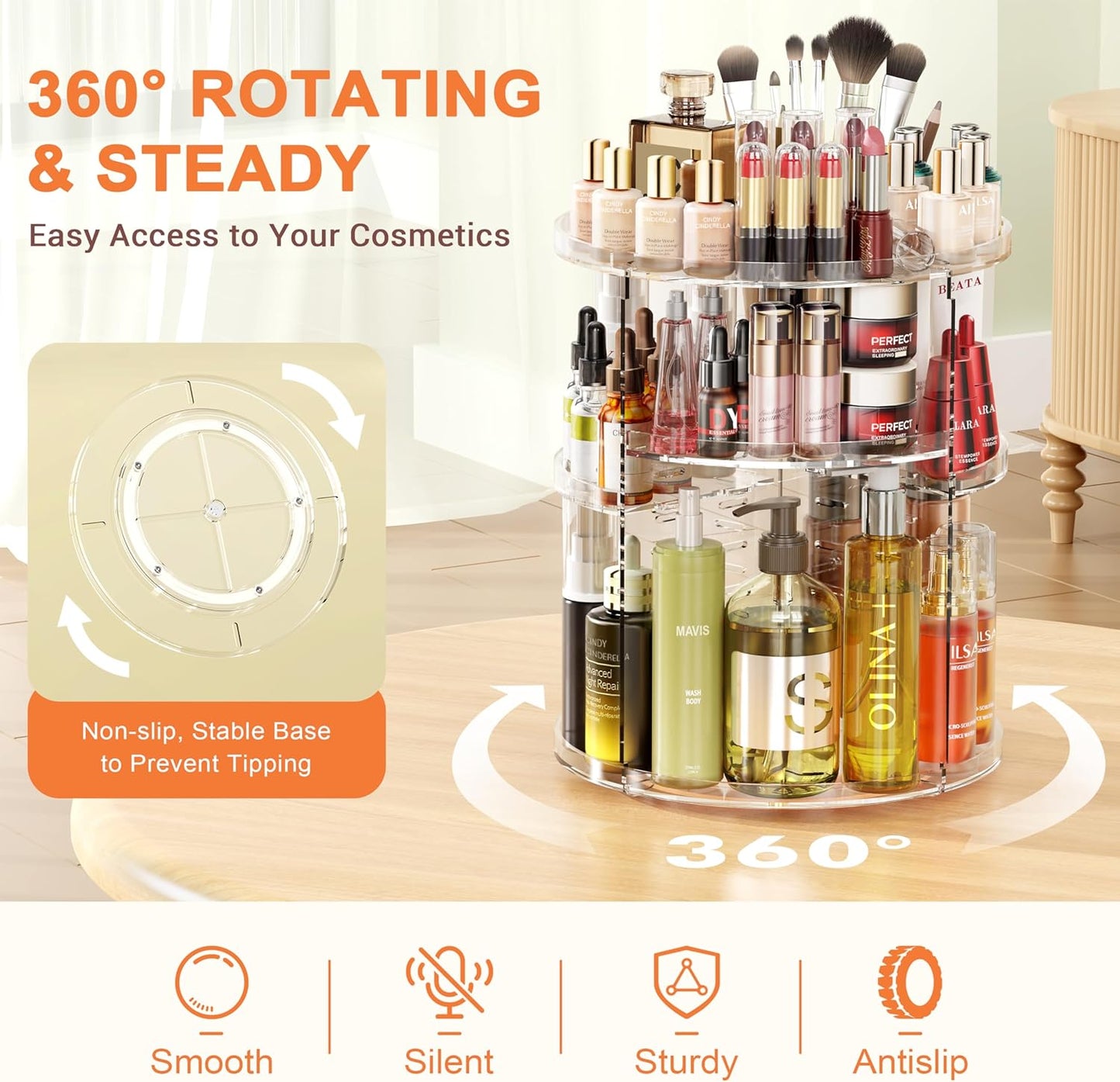 Auxmir Rotating Makeup Organiser, 9-Tier Adjustable Makeup Organiser with 360 Degree Rotation, Large Capacity Spinning Makeup Storage on Stand Revolving for Vanity Table, Bedroom, Bathroom