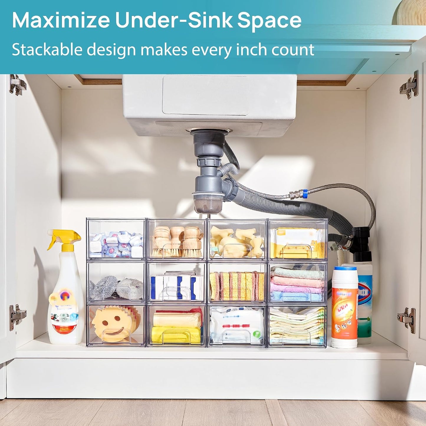 Vtopmart 4 Pack Clear Makeup Organiser, Acrylic Small Stackable Storage Drawers, Plastic Storage Box For Vanity, Bathroom, Under Sink, Kitchen Cupboard, Pantry, Home Organization