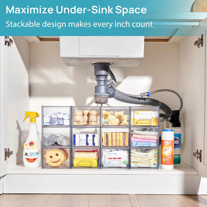 Vtopmart 4 Pack Clear Makeup Organiser, Acrylic Small Stackable Storage Drawers, Plastic Storage Box For Vanity, Bathroom, Under Sink, Kitchen Cupboard, Pantry, Home Organization