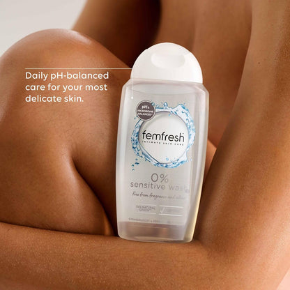 Femfresh 0% Sensitive Intimate Wash, Feminine Hygiene Shower &amp; Bath Gel Cleanser, pH Balanced, Soap &amp; Fragrance Free Feminine Wash, Vegan Formula with Lotus Flower Extract, 250ml