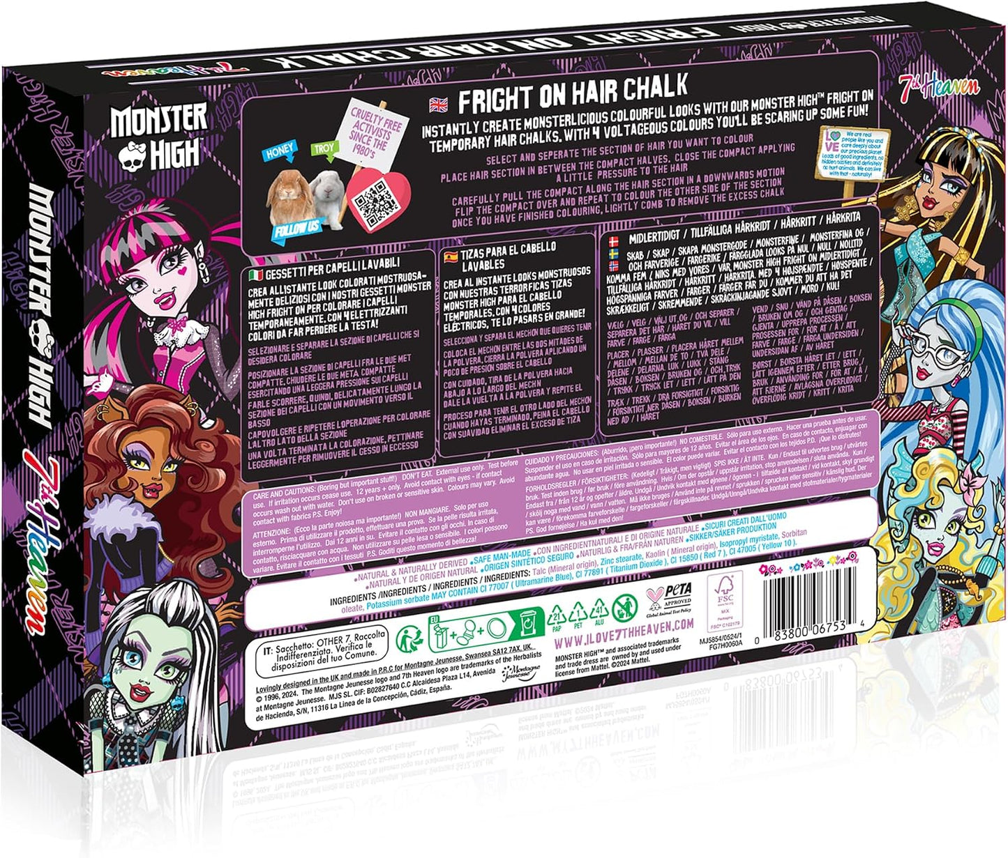 7th Heaven x Monster High Hair Chalk (Set of 4 Kids Chalk) Pink, Green, Blue and Purple Temporary Kids Hair Colour, Easy to Apply and Wash Out - Genuine 7th Heaven Haircare