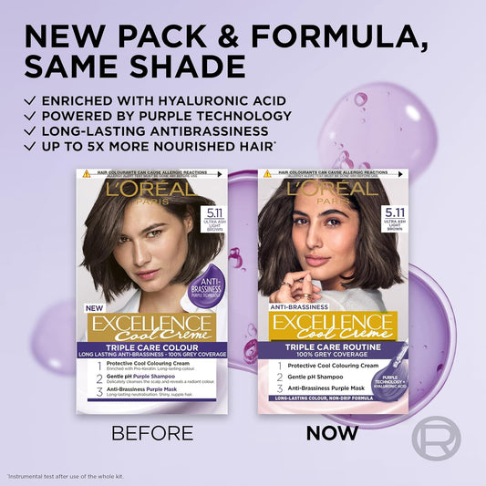 L'Oréal Paris Excellence Cool Crème Permanent Hair Dye, Radiant At-Home Hair Colour with up to 100% Grey Coverage, Pro-Keratin, Up to 8 Weeks of Colour, Colour: 5.11 Ultra Ash Light Brown