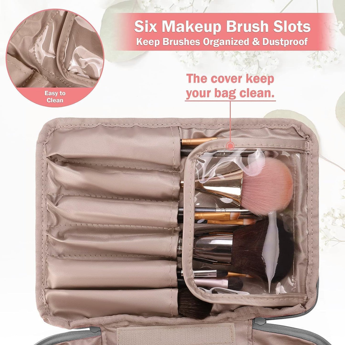 Travel Makeup Bag [with Brushes Holder &amp; Detachable Pouch] Cosmetic Bag Large Capacity Waterproof Makeup Case Storage Organiser for Women &amp; Girls (Pink)