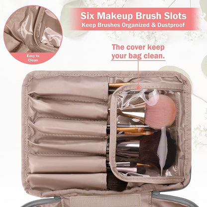 Travel Makeup Bag [with Brushes Holder &amp; Detachable Pouch] Cosmetic Bag Large Capacity Waterproof Makeup Case Storage Organiser for Women &amp; Girls (Pink)