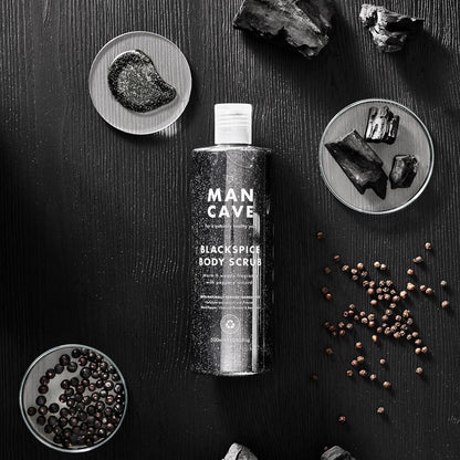 ManCave Blackspice Mens Body Scrub, 500 ml, Body Wash, Natural Formulation, Vegan, Eco-Conscious and Cruelty-Free, Warm &amp; Woody Shower Gel for Men with Pumice, Charcoal, Body Wash for Men