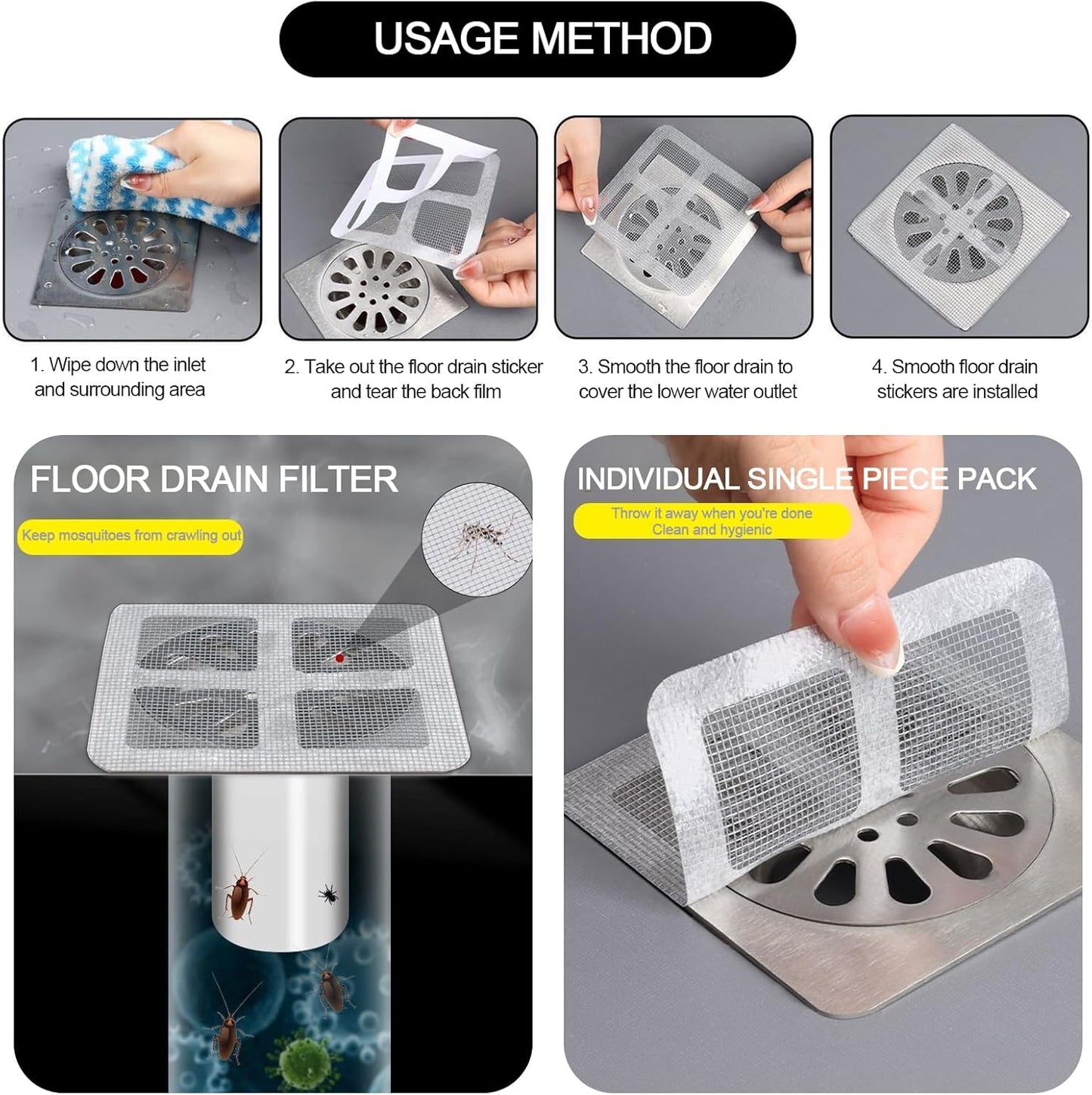 Drain Hair Catcher 10cm x 10cm, Shower DrainCover Hair Catcher/Shower Drains Mesh Sticker For Shower Drains Disposable Hair Sticker Rectangle ShowerDrain Mesh for Bathroom Kitchen(40PCS)