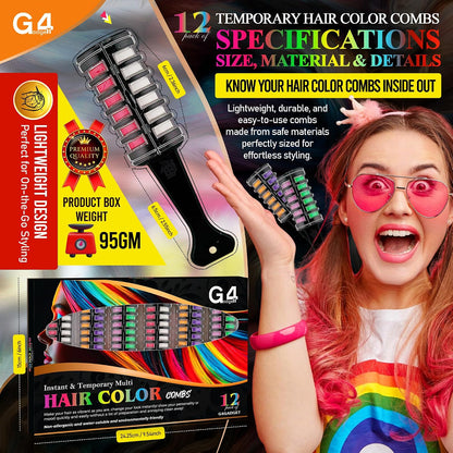 G4GADGET 2-in-1 Hair Chalk Comb Set – 12 Vibrant Temporary Hair Colours (6 Dual Combs) | Instant Washable Non-Toxic Hair Dye for Girls, Kids &amp; Women | Fun Party, Cosplay &amp; Festival Hair Colour Gift Se