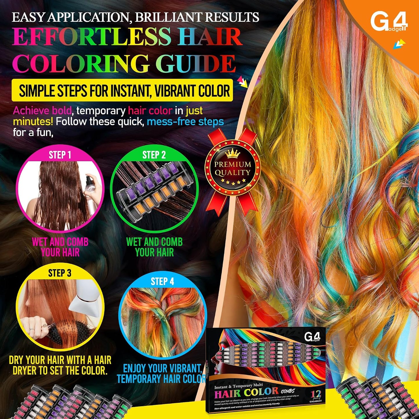 G4GADGET 2-in-1 Hair Chalk Comb Set – 12 Vibrant Temporary Hair Colours (6 Dual Combs) | Instant Washable Non-Toxic Hair Dye for Girls, Kids &amp; Women | Fun Party, Cosplay &amp; Festival Hair Colour Gift Se