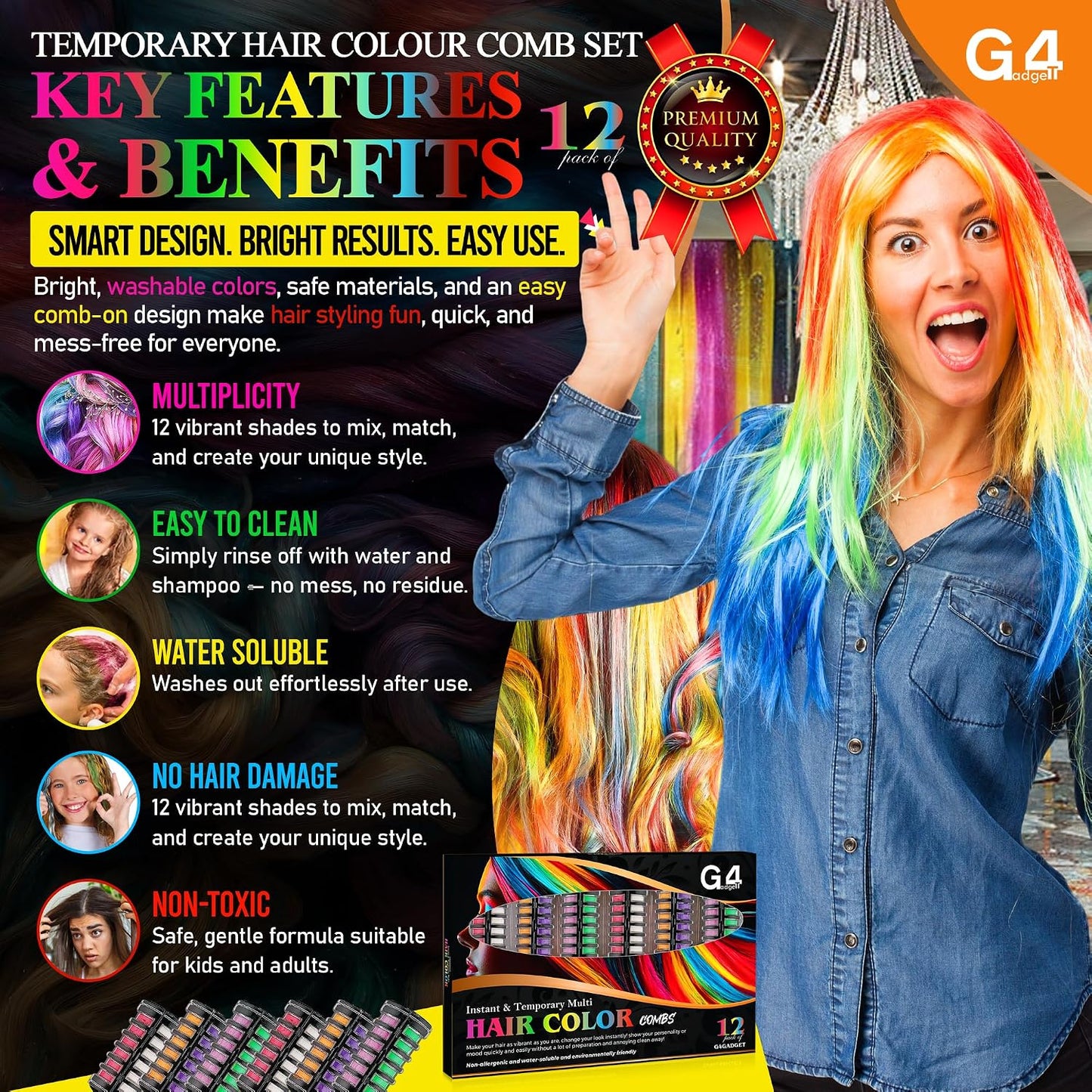 G4GADGET 2-in-1 Hair Chalk Comb Set – 12 Vibrant Temporary Hair Colours (6 Dual Combs) | Instant Washable Non-Toxic Hair Dye for Girls, Kids &amp; Women | Fun Party, Cosplay &amp; Festival Hair Colour Gift Se