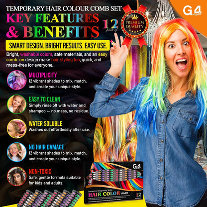 G4GADGET 2-in-1 Hair Chalk Comb Set – 12 Vibrant Temporary Hair Colours (6 Dual Combs) | Instant Washable Non-Toxic Hair Dye for Girls, Kids &amp; Women | Fun Party, Cosplay &amp; Festival Hair Colour Gift Se