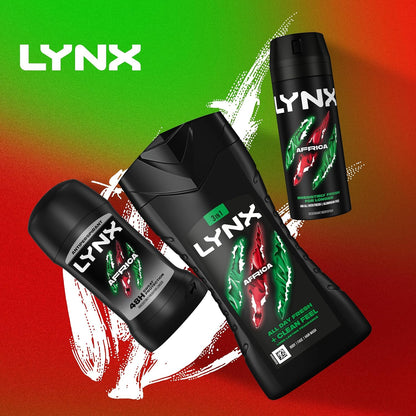 Lynx Men Africa 3-in-1 Hair, Face and Body Wash Shower Gel with mandarin &amp; sandalwood for an all day fresh &amp; clean feel 225 ml, Pack of 3