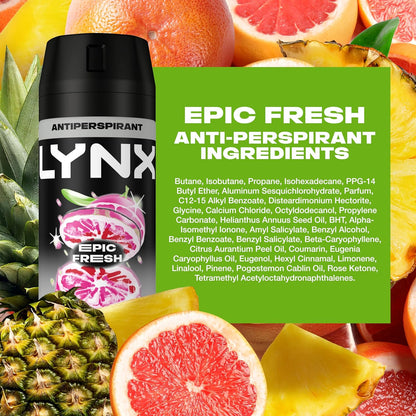 Lynx Epic Fresh Anti-Perspirant Aerosol Men's Deodorant Spray with ProScent technology and a grapefruit &amp; tropical pineapple scent for 72 hours protection against odour and wetness 150 ml