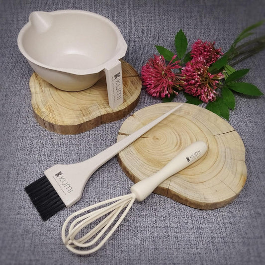 Kumi Wheat Eco-Friendly Oatmeal 3 Piece Tint/hair dye Set - Non-Slip Bowl, Large Brush &amp; Whisk, this hair dye bowl and brush kit is ideal for professional or home use. Ideal home kit.