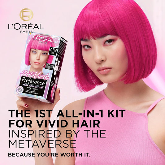 Preference Meta Vivids 7.222 Meta Pink: Permanent hair dye for vibrant, long-lasting, captivating colour. Achieve bold meta pink shades with remarkable intensity and luminous, fade-resistant finish.