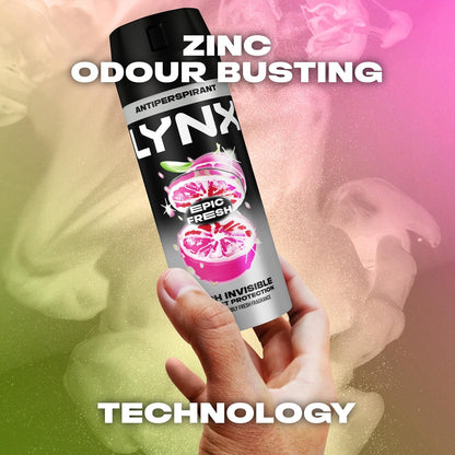 Lynx Epic Fresh Anti-Perspirant Aerosol Men's Deodorant Spray with ProScent technology and a grapefruit &amp; tropical pineapple scent for 72 hours protection against odour and wetness 150 ml
