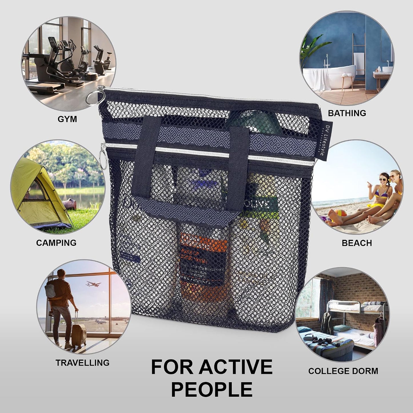 DV Lifestyle Mesh Shower Bag 25 x 26cm Caddy with Zipper &amp; 2 Pockets. Quick-Dry Portable Toiletry Tote for Bathroom, Gym, Travel, Camp, Beach, for Sunscreen, Dorm &amp; College Essentials (Black)